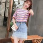 Short-sleeve Striped T-shirt / Mesh Panel A-line Denim Skirt