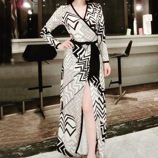 Print Long-sleeve Maxi A-line Dress Flower - One Size