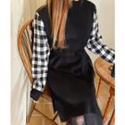 Gingham-sleeve Knit Dress With Sash Black - One Size