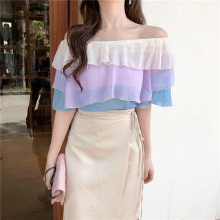 Short-sleeve Off-shoulder Ruffle Chiffon Blouse