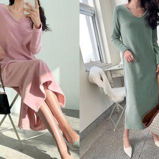 Slit-side Corduroy Long Shift Dress
