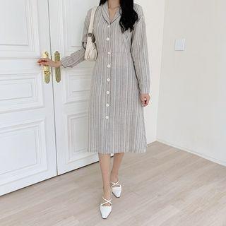 Shawl-collar Stripe Long Shirtdress