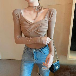 Long-sleeve Tie-neck Crisscross Plain Top