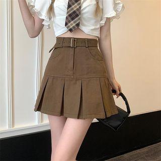 Pleated Belted A-line Denim Skirt
