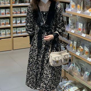 Long-sleeve Square-neck Floral Printed Midi Dress Floral - One Size