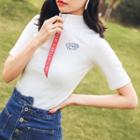 Ribbon Detail Mock Neck Short-sleeve T-shirt