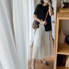 Set: Short-sleeve Slit T-shirt + Midi A-line Skirt