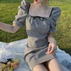 Puff-sleeve Plaid Slim-fit Dress