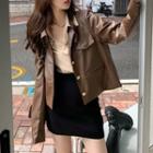 Plain Long-sleeve Shirt / Faux Leather Cropped Jacket / High-waist A-line Mini Skirt