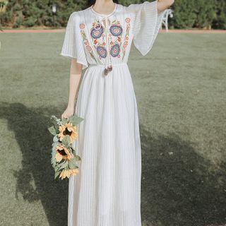Short-sleeve Embroidered Striped A-line Maxi Dress