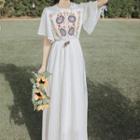 Short-sleeve Embroidered Striped A-line Maxi Dress