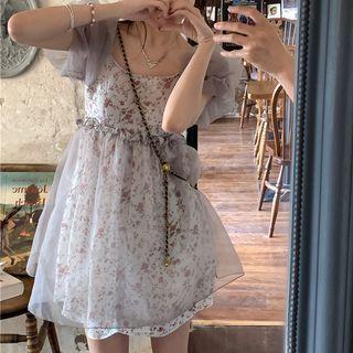 Puff-sleeve Floral Mesh Panel A-line Dress