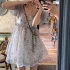 Puff-sleeve Floral Mesh Panel A-line Dress