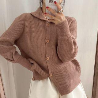 Collared Plain Knit Cardigan Khaki - One Size