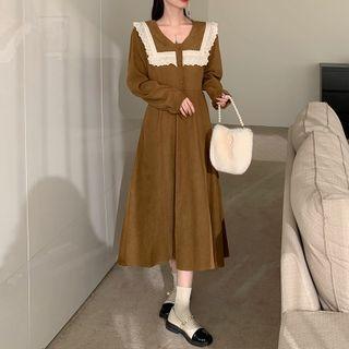 V-neck Lace Corduroy Long-sleeve Dress