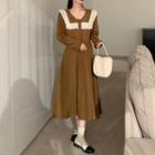 V-neck Lace Corduroy Long-sleeve Dress