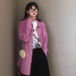 Plain Long-sleeve Shirt Purple - One Size