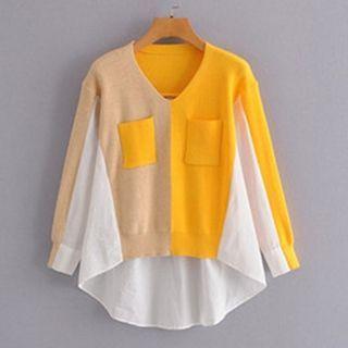 Color Block Knit Panel Top 7232 - Yellow & Khaki & White - One Size