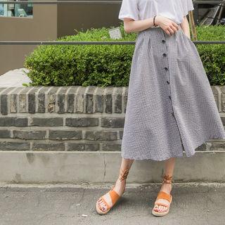 Button-front Gingham A-line Long Skirt