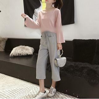 Set: Long-sleeve Knit Top + Cropped Wide Leg Pants