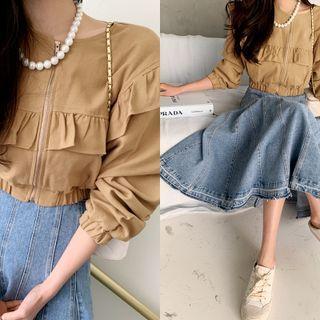 Collarless Frilled Cropped Blouson Jacket Beige - One Size