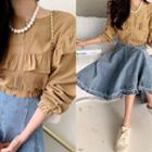 Collarless Frilled Cropped Blouson Jacket Beige - One Size