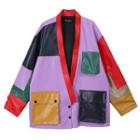 Faux Leather Color Block Jacket Purple & Red & Black - One Size