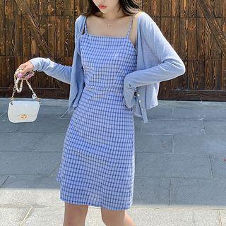 Spaghetti Strap Plaid Mini A-line Dress / Cardigan / Set