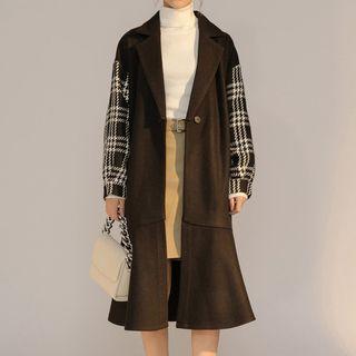 Plaid-sleeve Single-button Flared Coat