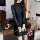 Set: Long-sleeve Striped Sheer Top + Faux Leather Mini Overall Dress