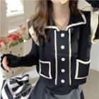 Collared Floral-button Frill Trim Cardigan