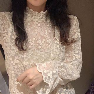 Lace Mock-neck Long-sleeve Blouse Almond - One Size