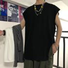 Slit-side Plain Sleeveless T-shirt