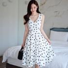 Sleeveless V-neck Dotted Midi A-line Dress