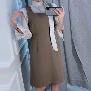 Set: Mock-turtleneck Blouse + Wide Strap Pinafore Dress