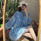 Long-sleeve Tie-front Frill Trim A-line Dress