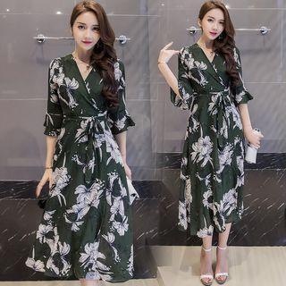 Print 3/4-sleeve A-line Midi Dress