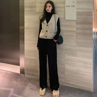 Set: Turtleneck Long Sleeve Top + Button Vest + Wide-leg Pants