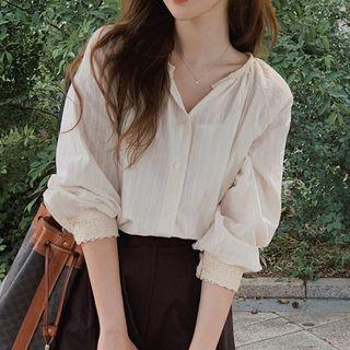 Long-sleeve Round-neck Lace Flower Trim Single-breasted Top