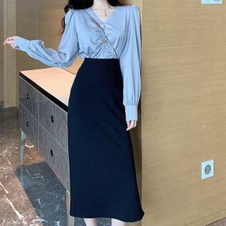 Shirred V-neck Blouse / High-waist Slit Midi Straight-fit Skirt
