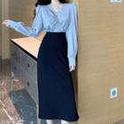Shirred V-neck Blouse / High-waist Slit Midi Straight-fit Skirt