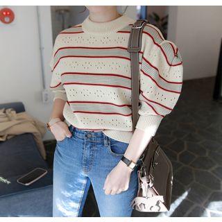 Crew-neck Stripe Pointelle-knit Sweater