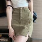 High-waist Plain Slit A-line Denim Mini Skirt