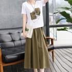 Set: Short-sleeve Floral Print T-shirt + Midi A-line Skirt