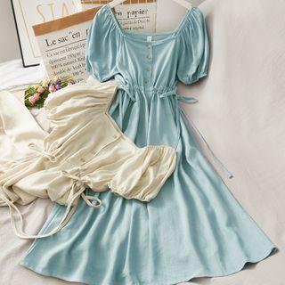 Tie-waist Square-neck Midi Dress