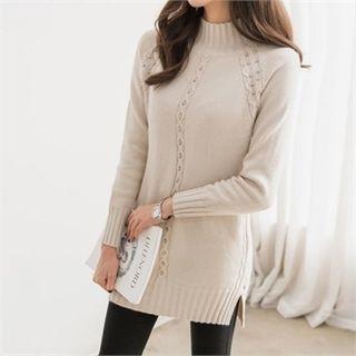 Mock-neck Beaded Long Cable-knit Top