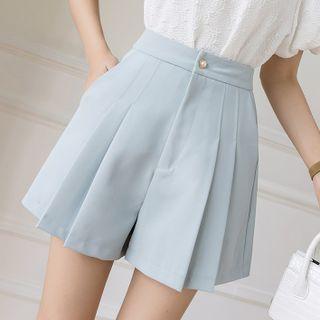High-waist Plain Accordion Pleat Wide-leg Shorts