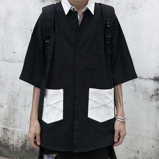 Color-block Front Pocket Elbow-sleeve Shirt