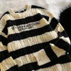Letter Embroidered Distressed Striped Sweater