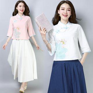 Elbow-sleeve Floral Print Frog Buttoned Top